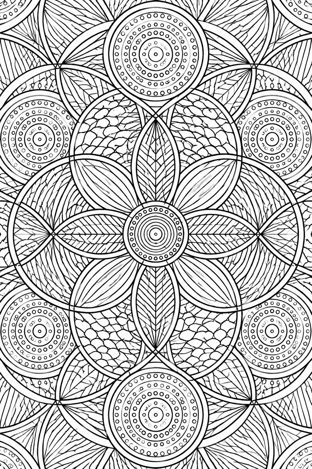 Intricate black-and-white mandala with concentric circles, leaves, and geometric patterns.