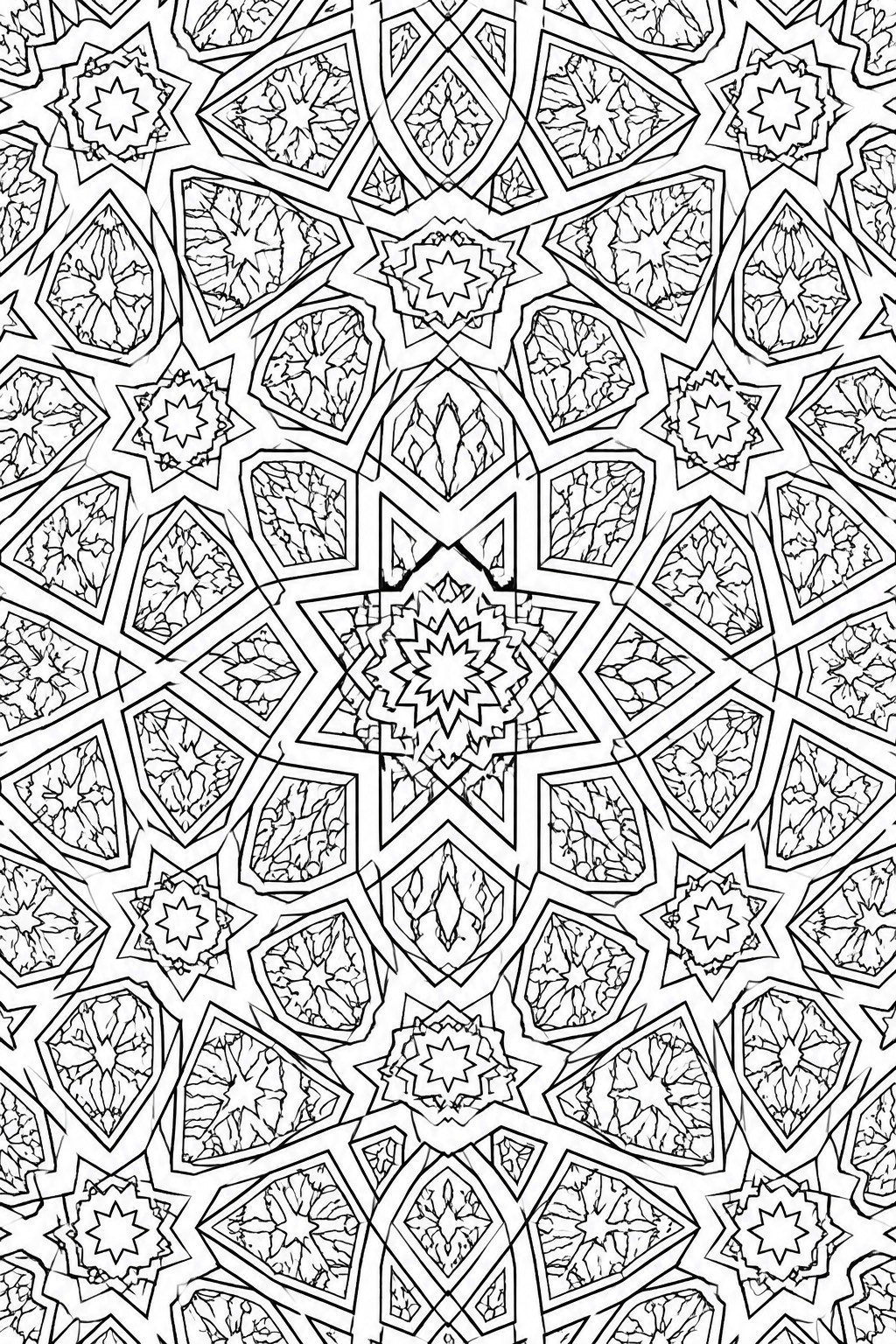 Intricate black and white geometric mandala with stars and diamond patterns