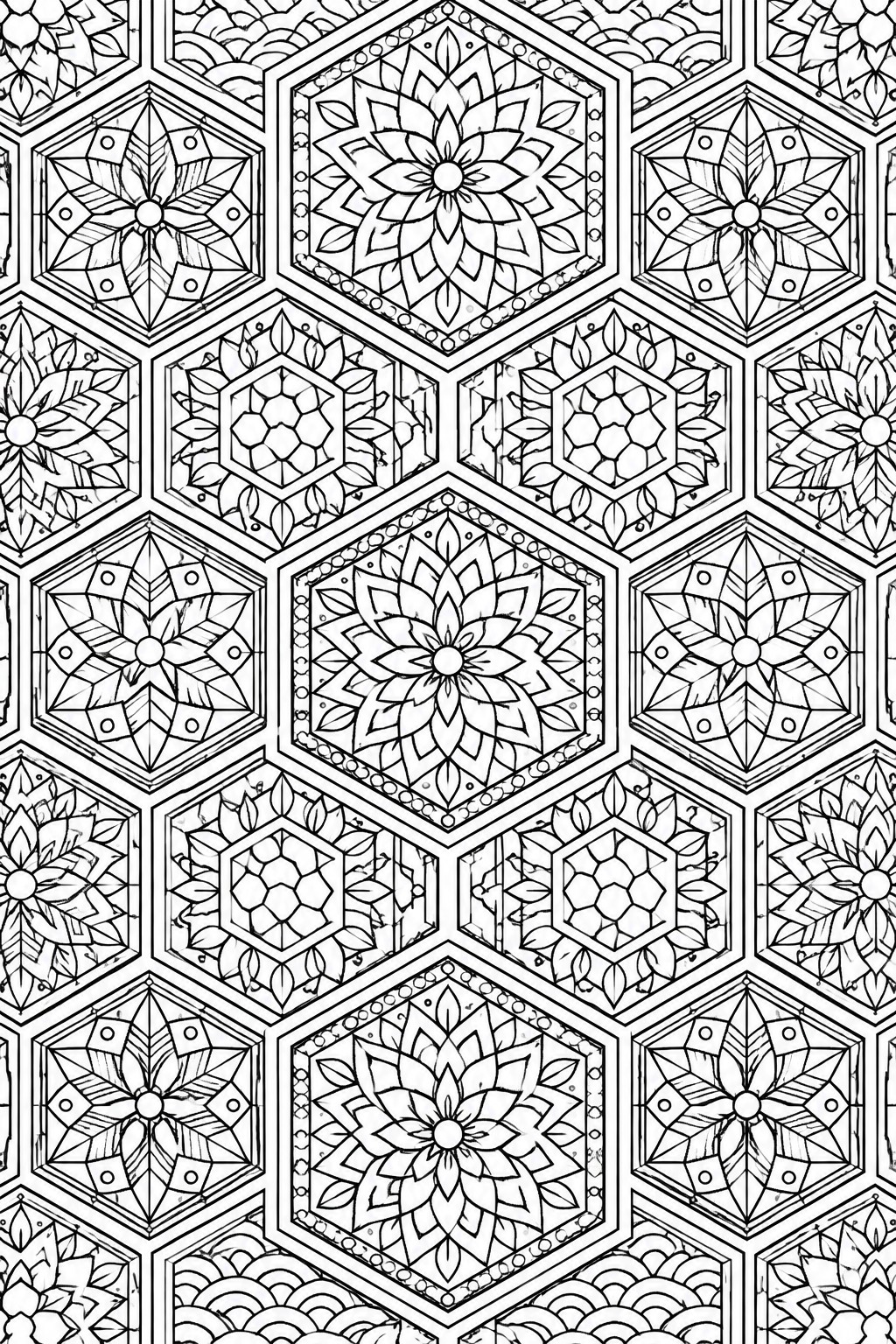 Intricate black and white mandala designs filling a repeating hexagonal grid pattern.