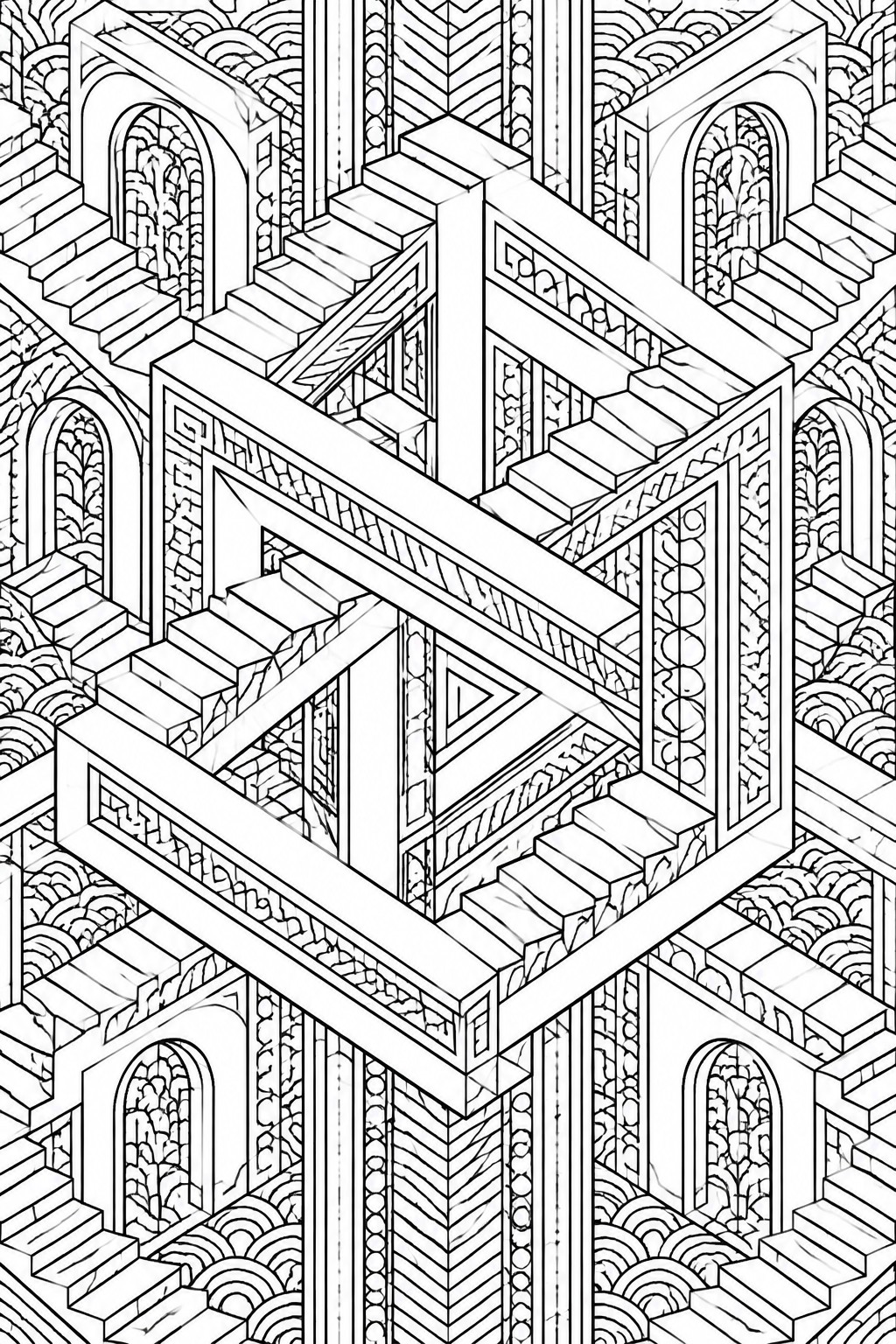 Detailed black-and-white line art of impossible interlocking staircases with ornate arches and patterns.