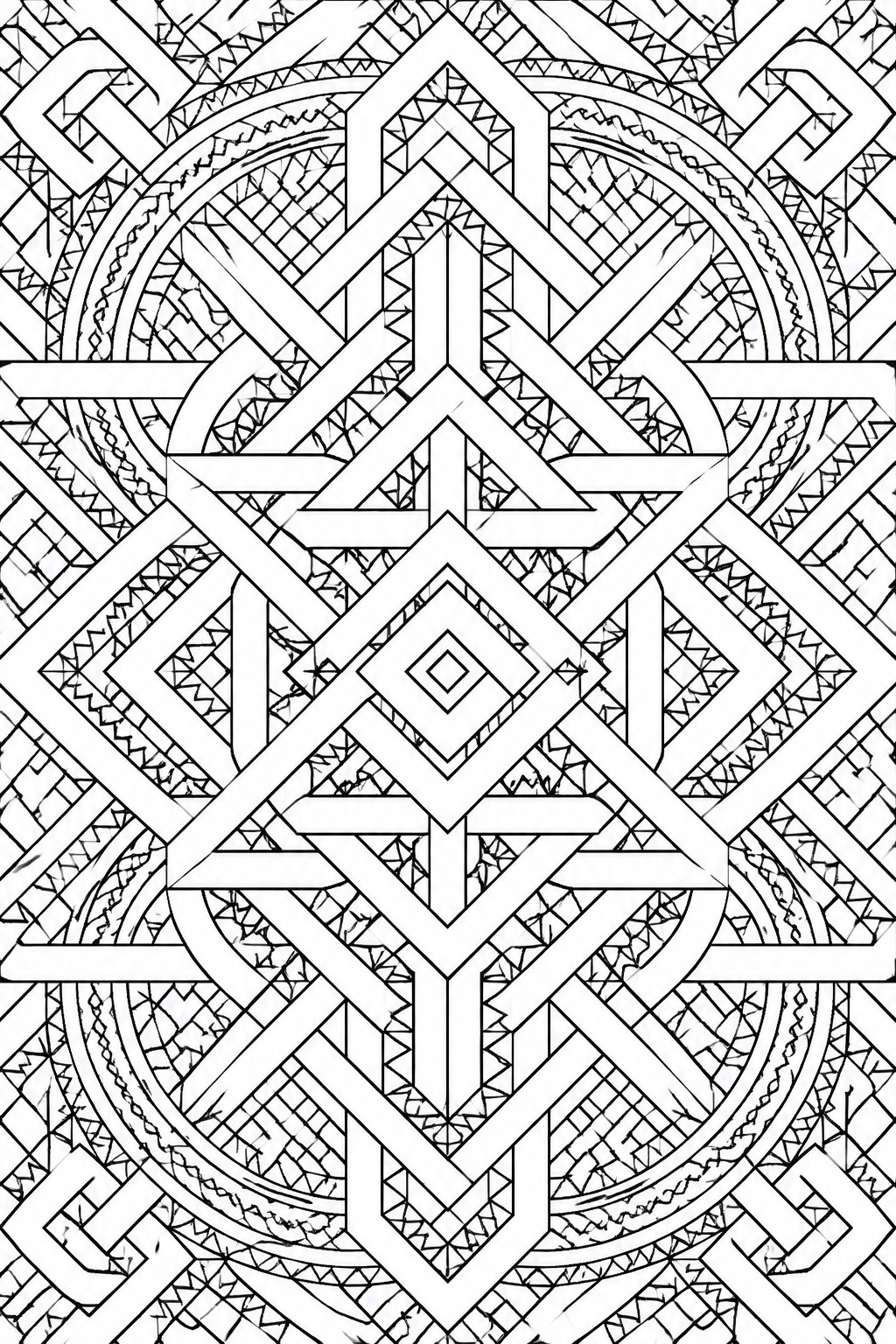 Intricate black and white symmetrical Celtic knot mandala with geometric patterns and circles