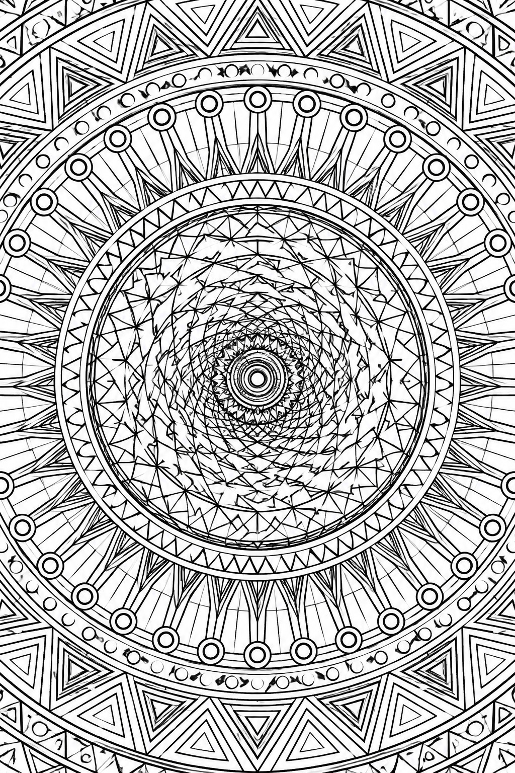 Intricate black and white mandala with concentric circles, triangles, and geometric patterns.