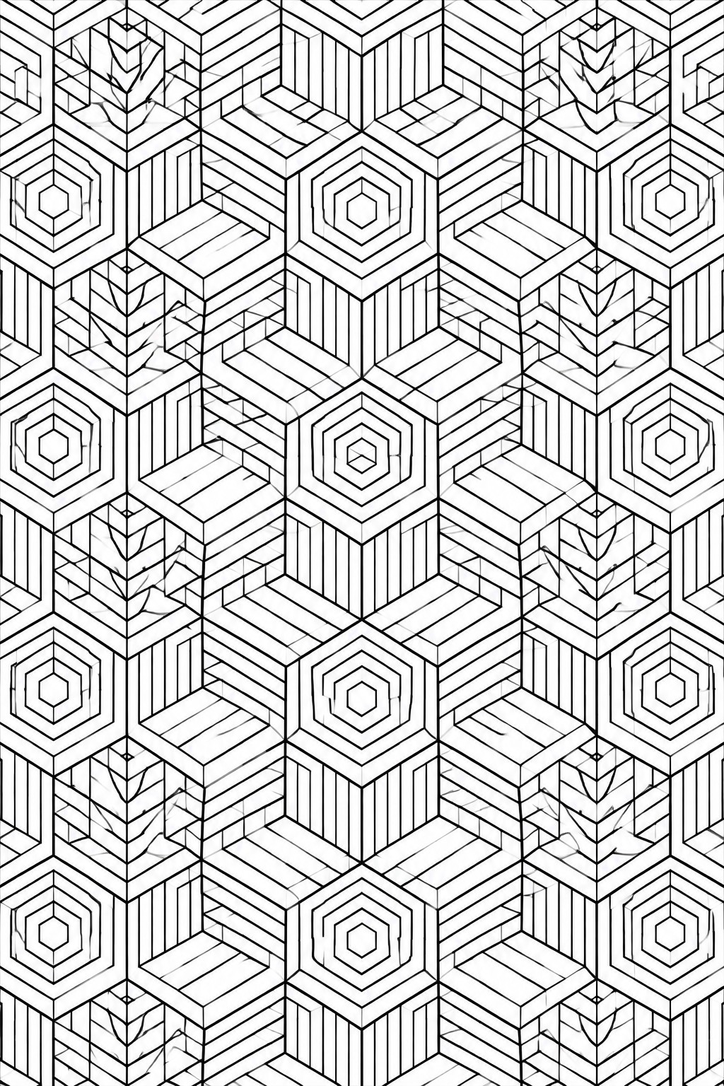 Black and white isometric geometric pattern of interlocking hexagons and 3D cubes.