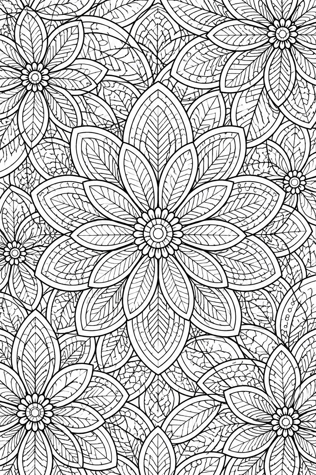 Black and white coloring page showing a large central flower mandala surrounded by smaller overlapping flowers and leaves with detailed line patterns.