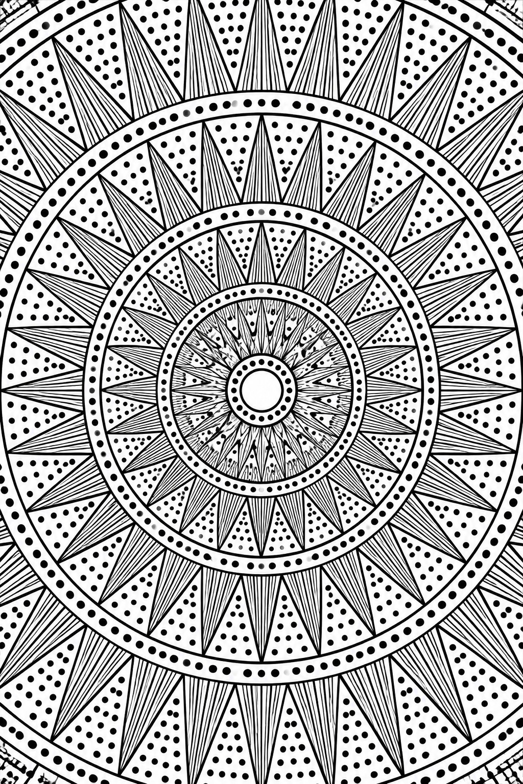 Intricate black-and-white mandala with concentric circles, radiating lines, and dotted patterns