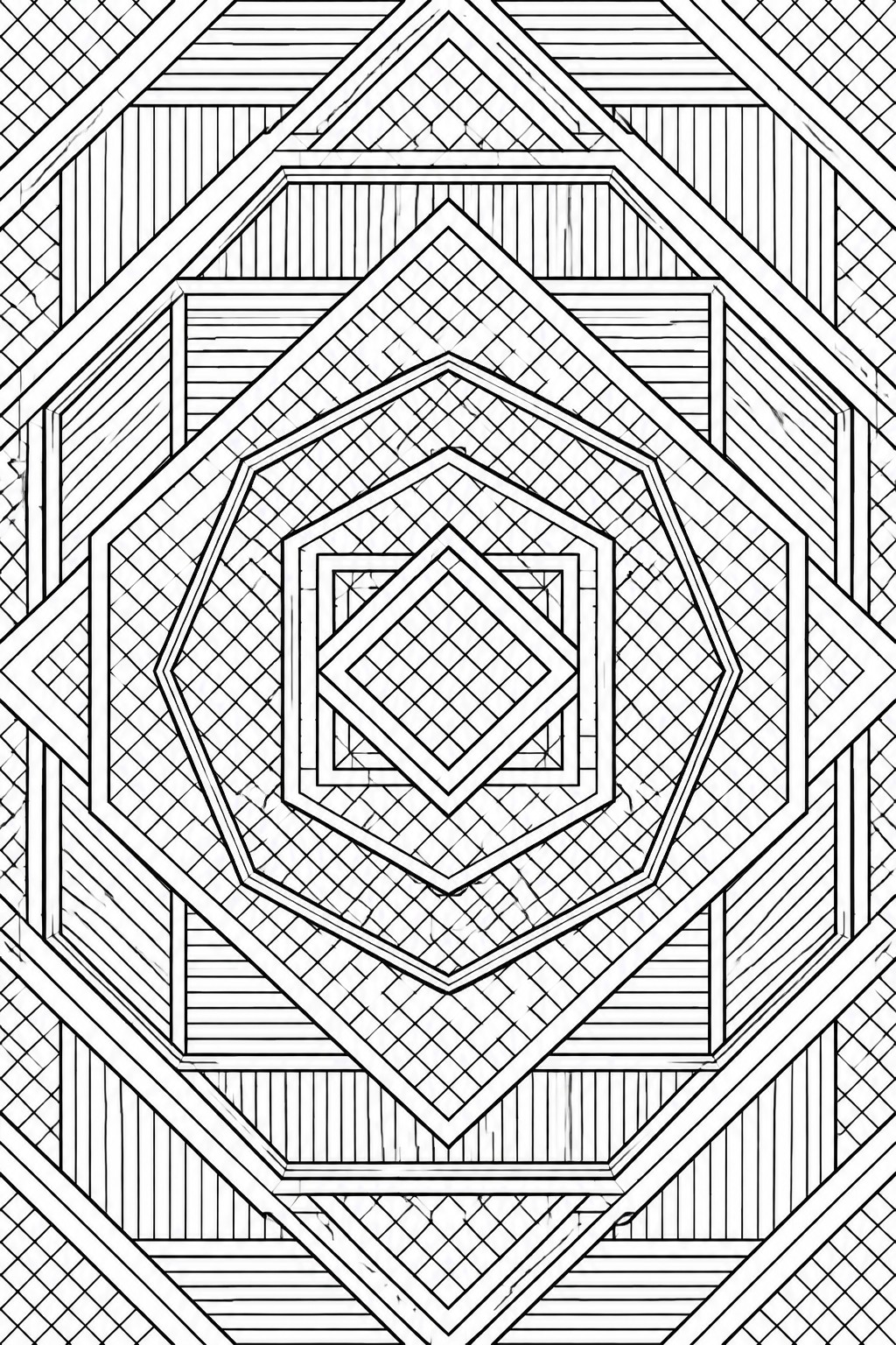 Intricate black and white geometric mandala with concentric octagons, grids, and diamond patterns.
