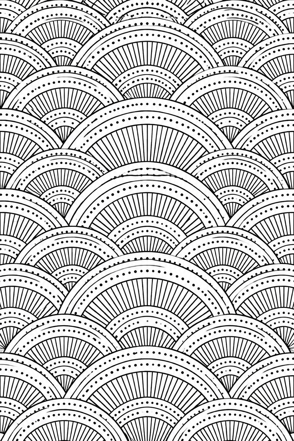 Black and white pattern of overlapping semicircles with radiating lines and dots
