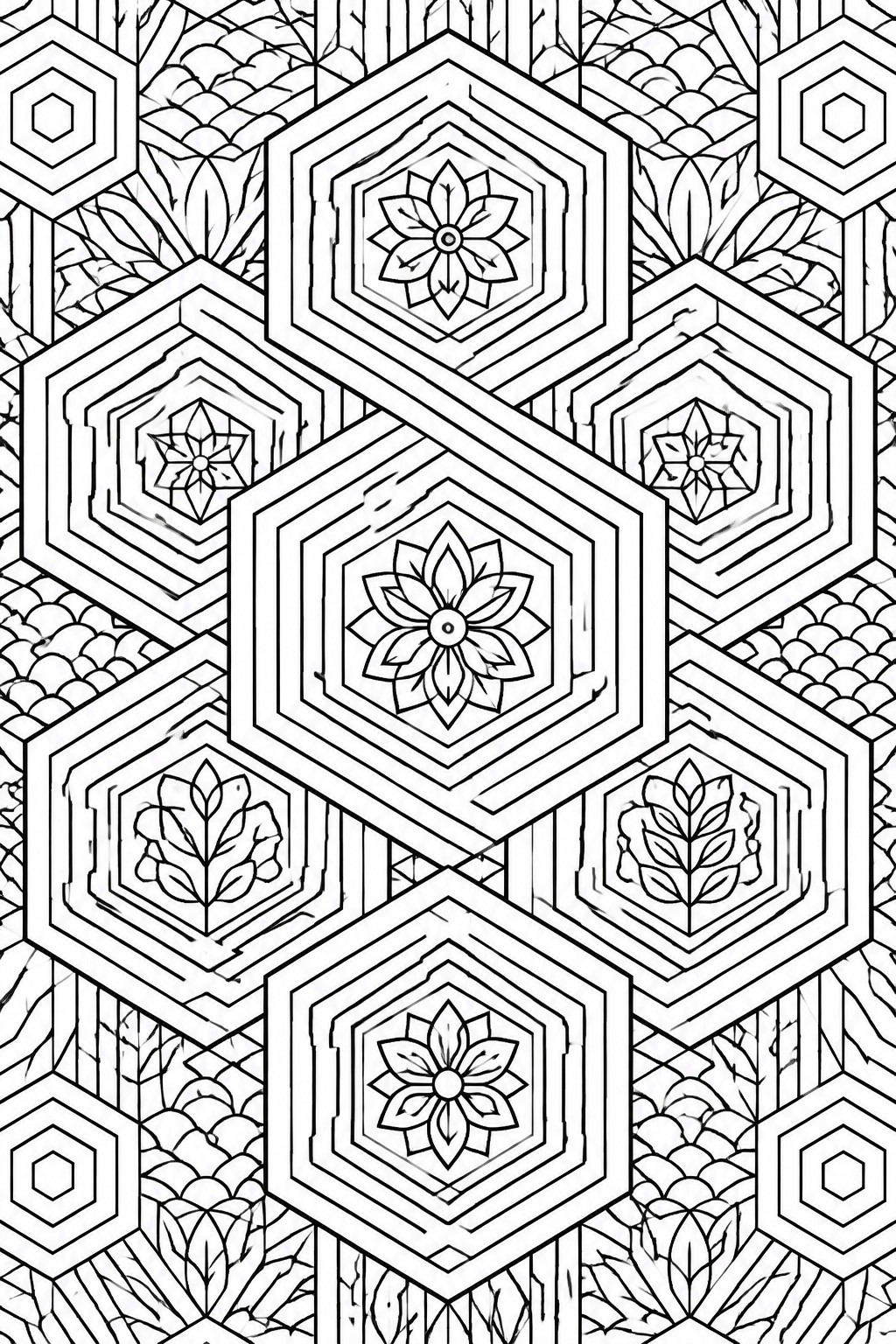 Intricate black and white hexagonal pattern with flowers, leaves, and geometric designs.