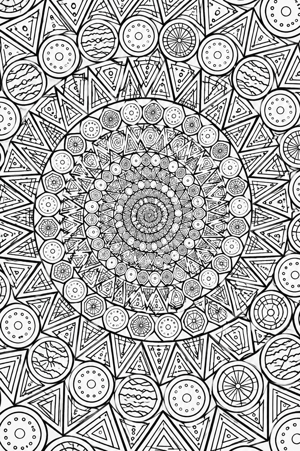Intricate black-and-white mandala with geometric circles, triangles, and spiral patterns.