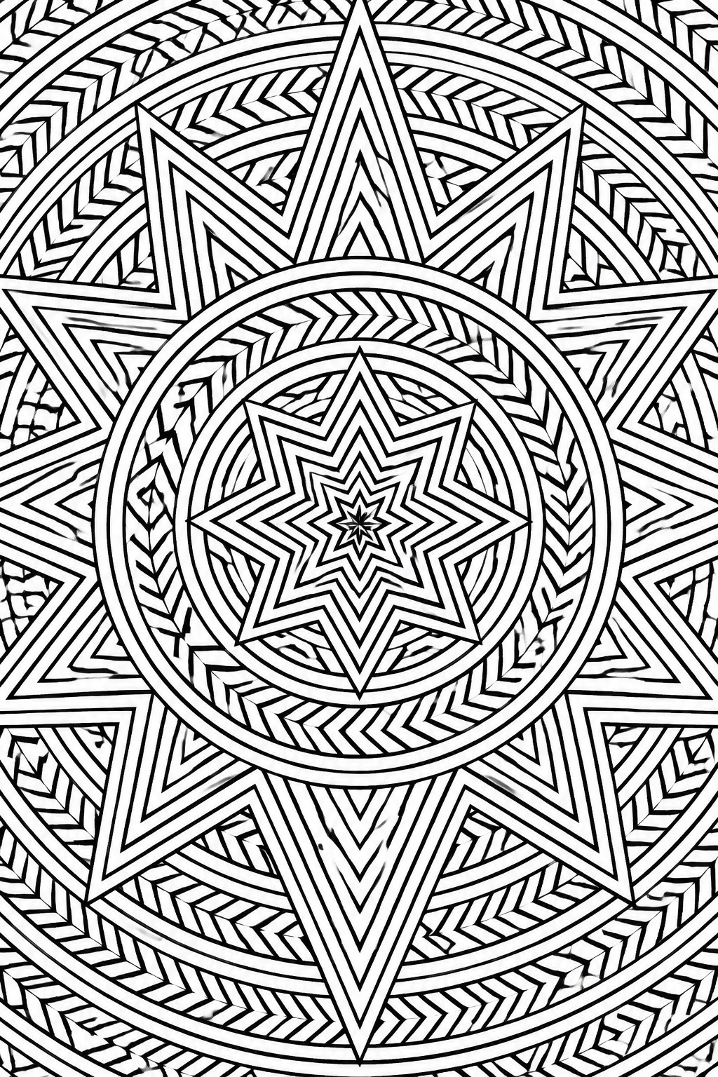 A black and white mandala coloring page featuring concentric circles with star patterns and intricate geometric fills.