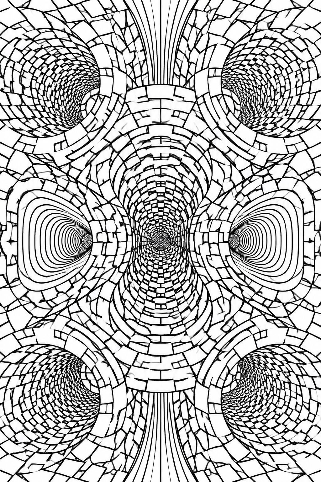 Symmetrical black and white pattern of spiraling brick tunnels around a central vortex