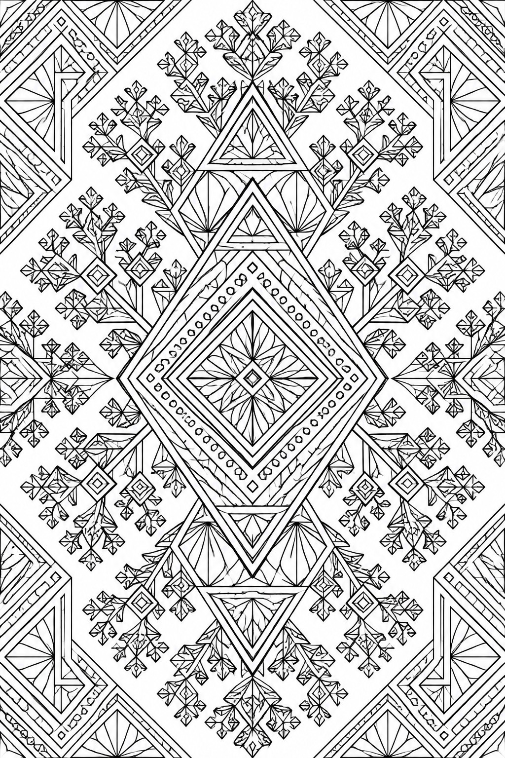 Intricate symmetrical black-and-white mandala with central diamond, triangles, and floral motifs
