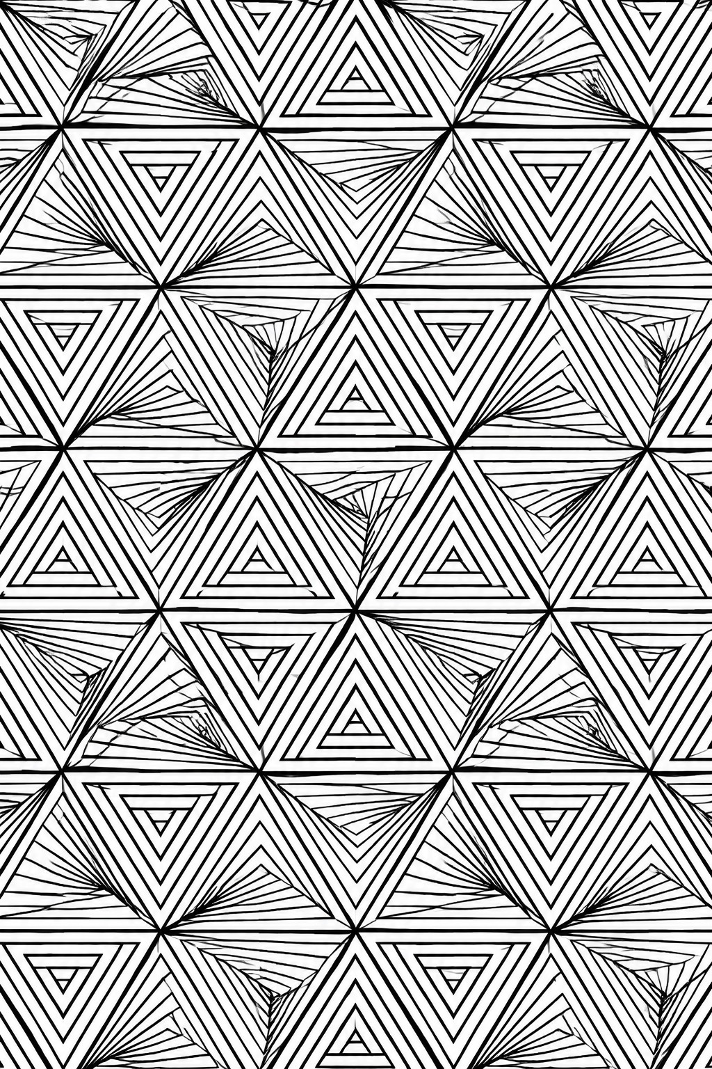 Black and white geometric tessellation of nested triangles with radiating lines.