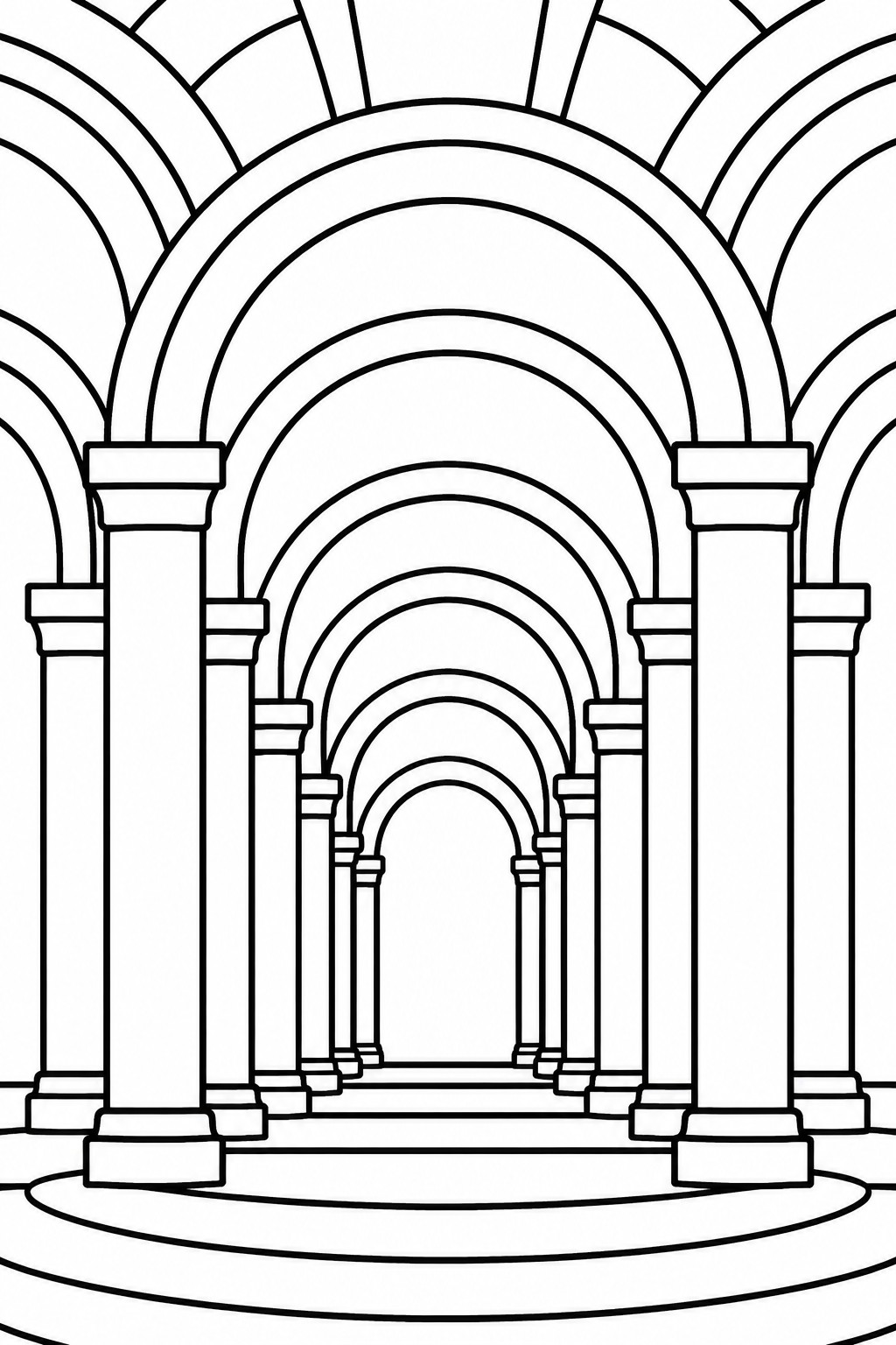 Arched colonnade with columns receding in perspective, black and white line art.