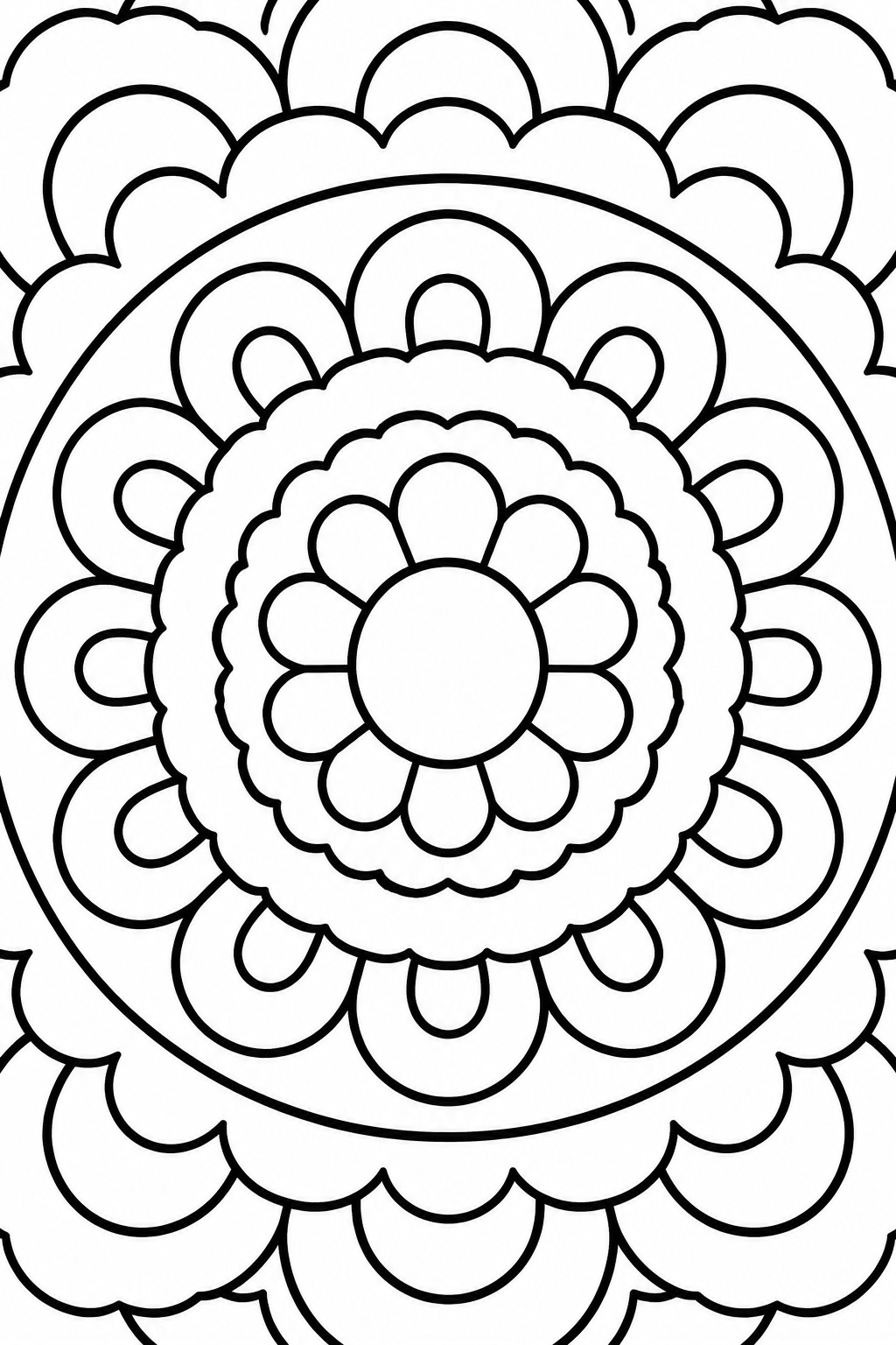 A black and white mandala coloring page featuring a central circle flower with multiple concentric rings of large petal shapes and outer scalloped borders.