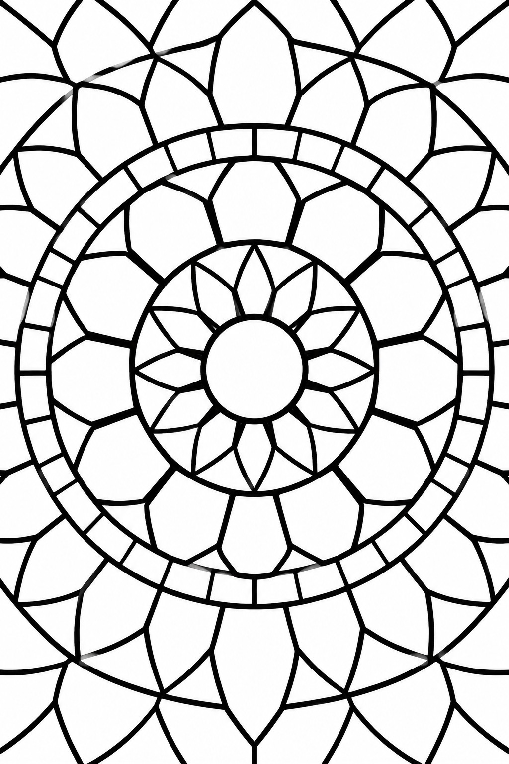 Intricate black and white mandala with concentric floral and geometric patterns