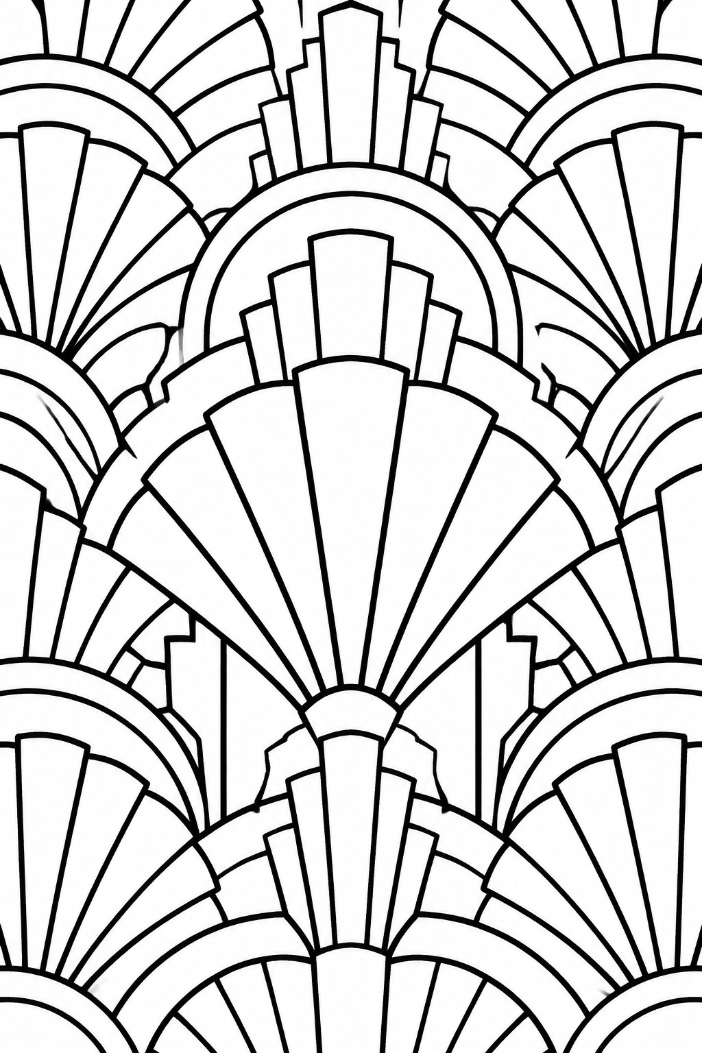 A black and white coloring page of a symmetrical mandala made from bold fan and scallop patterns in concentric circles.