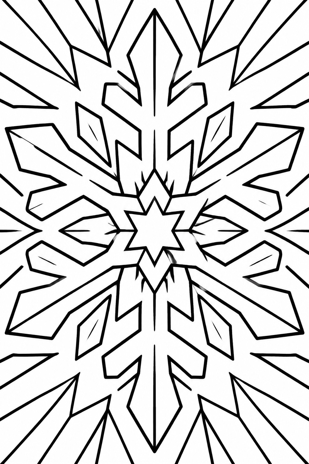 Intricate black-and-white snowflake with symmetrical geometric patterns and sharp radiating spikes