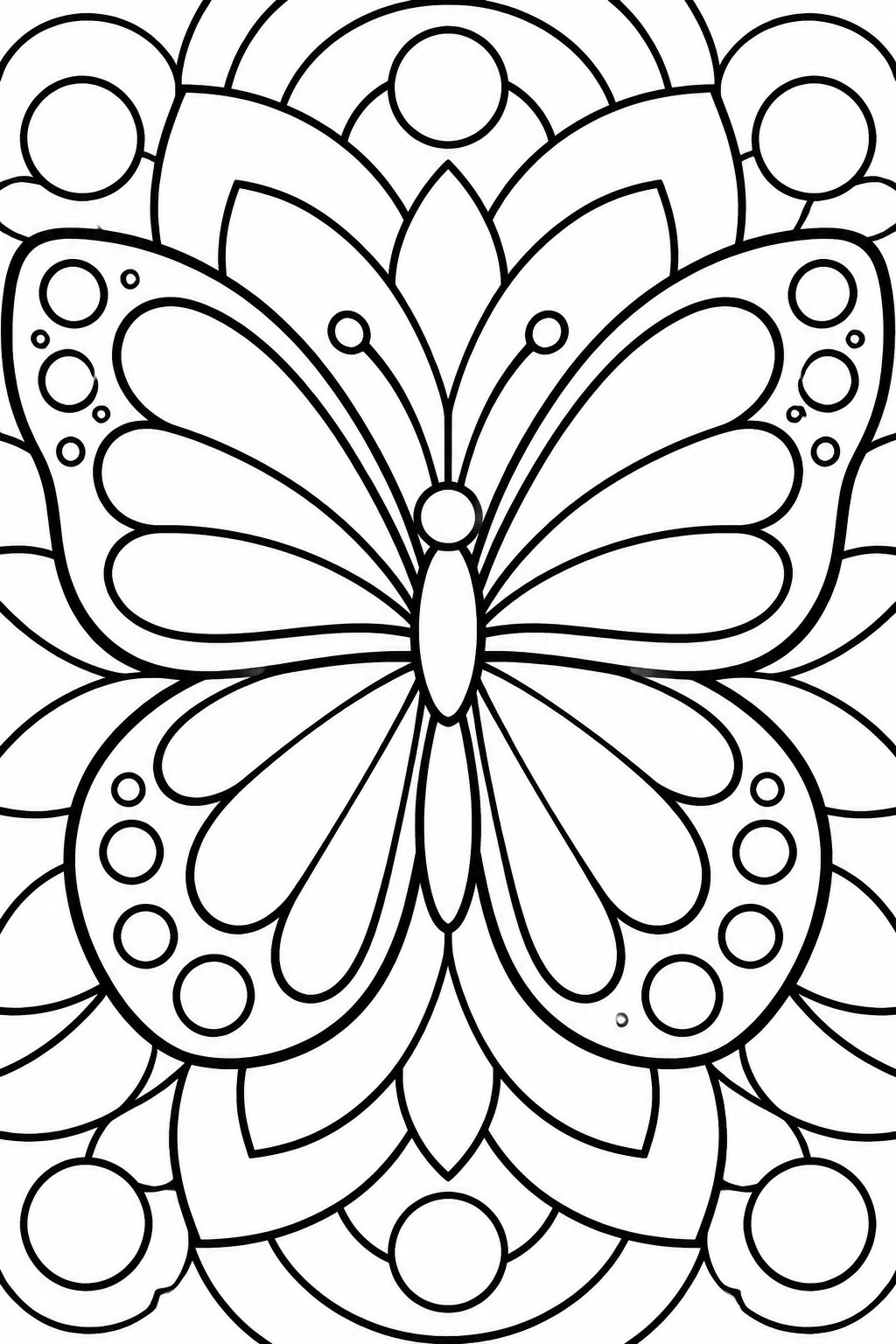 A symmetrical butterfly mandala coloring page with bold outlines, oval patterns on the wings, and surrounding circular and petal shapes.