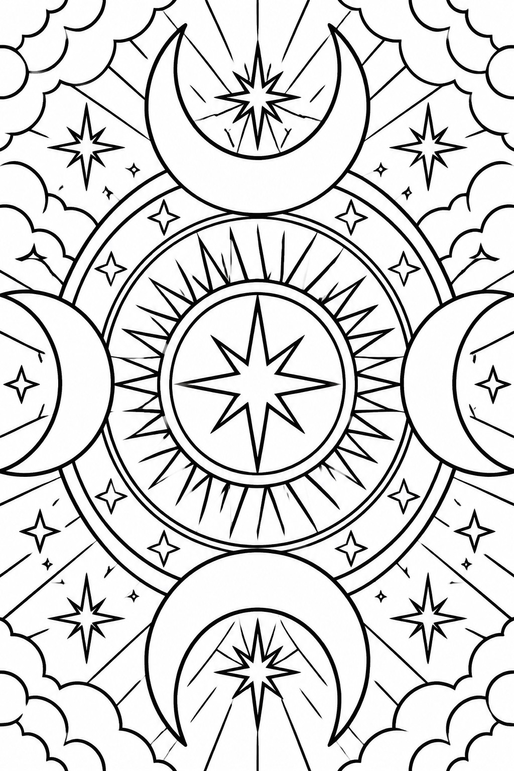 Black and white celestial mandala with crescent moons, stars, and suns