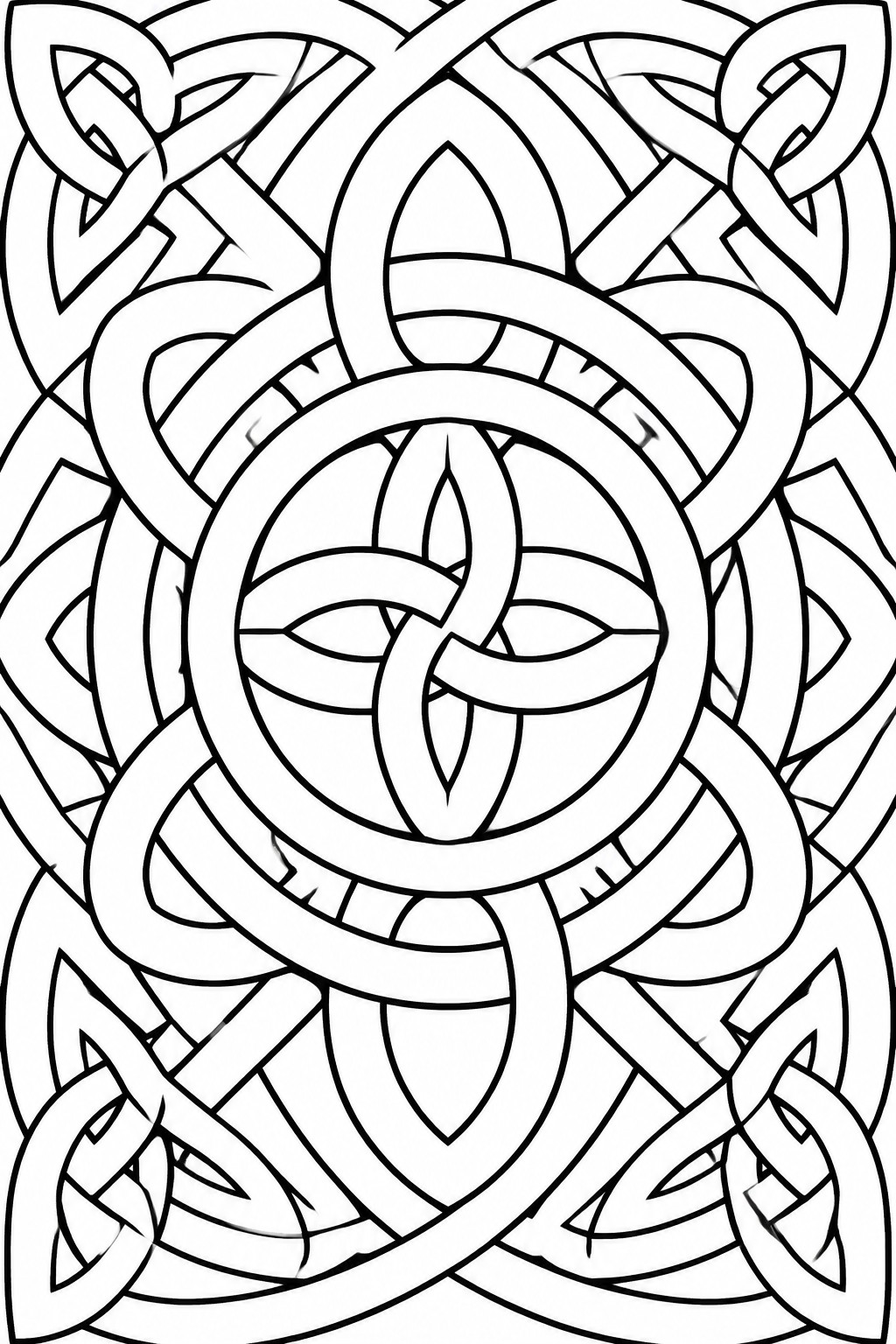 Intricate black and white Celtic knotwork with overlapping loops and circular motifs.