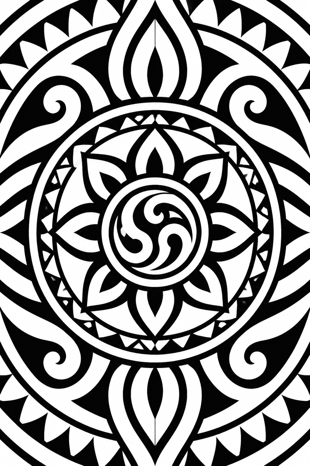 Intricate black-and-white mandala with central spiral, petals, and swirling borders.