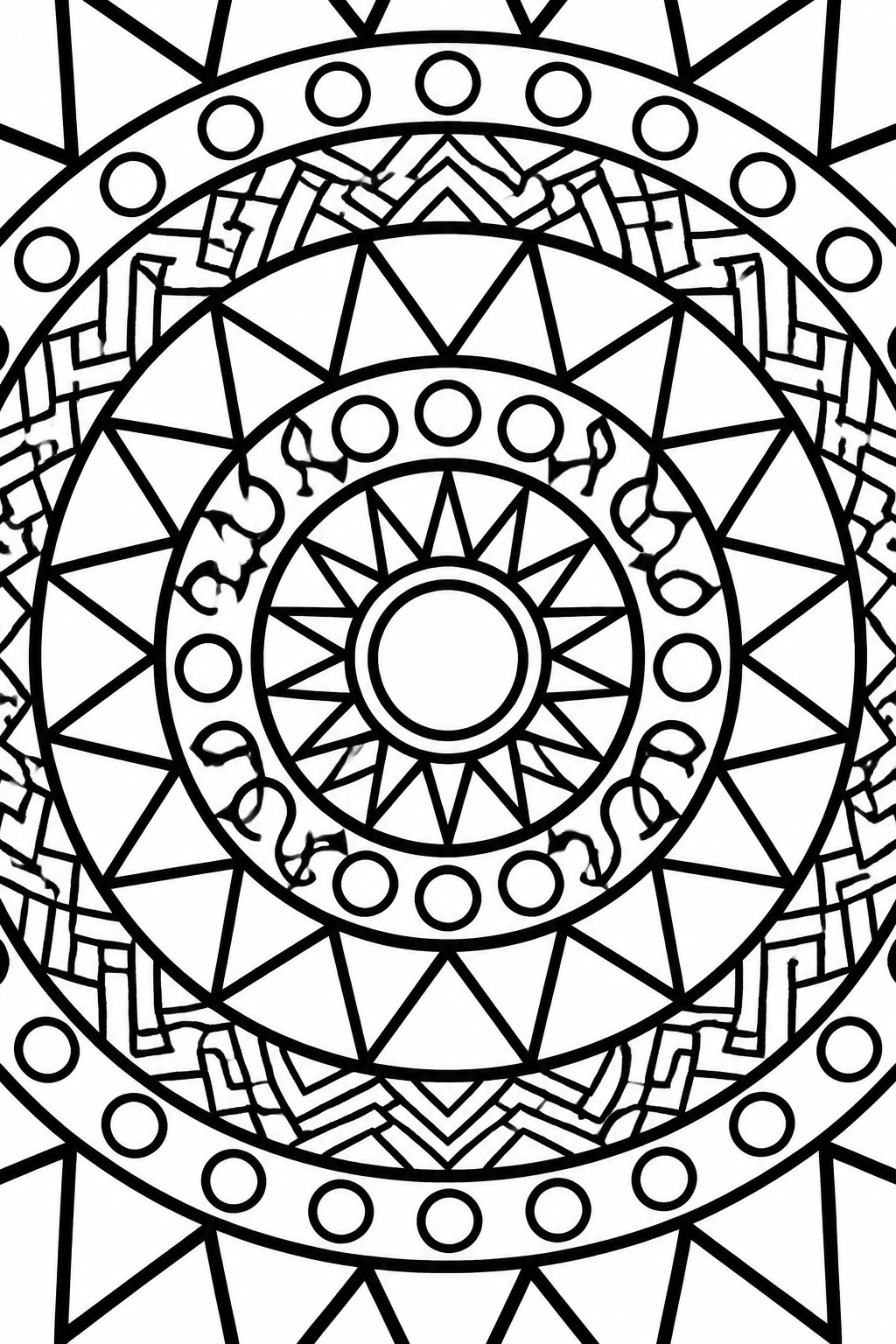 Black and white mandala coloring page with concentric rings of triangles, circles, and curved leaf shapes.