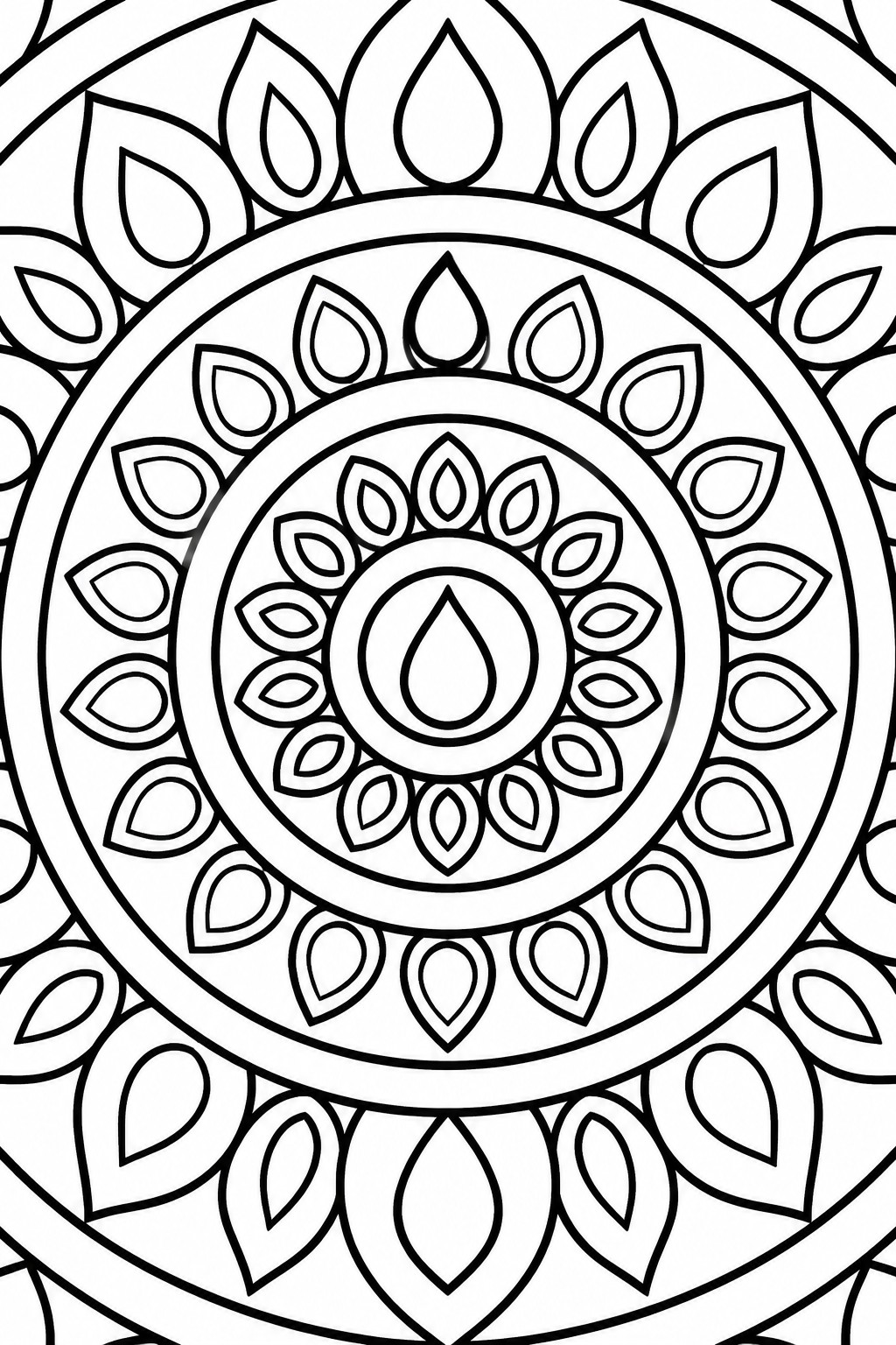 A black and white mandala with bold concentric rings of teardrop and petal shapes around a central teardrop.
