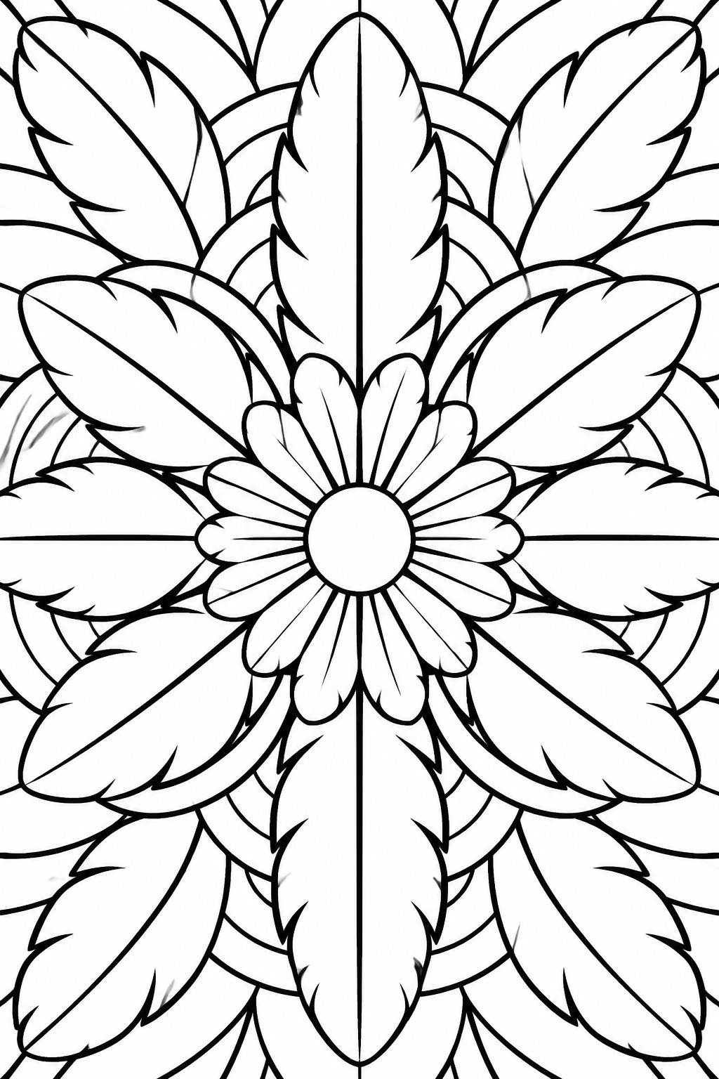 Black and white mandala flower with daisy center and layered leaves