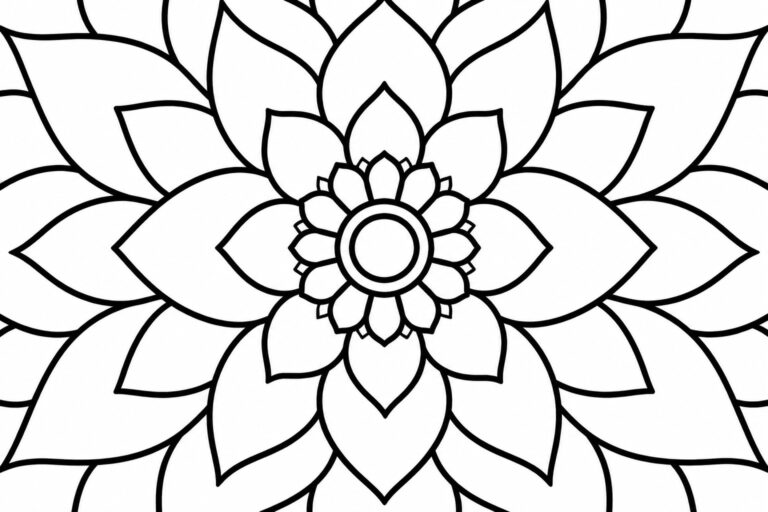 24 Bold-Line Mandala Coloring Pages Without Tiny Details Black and white mandala-style flower with layered petals and central bloom