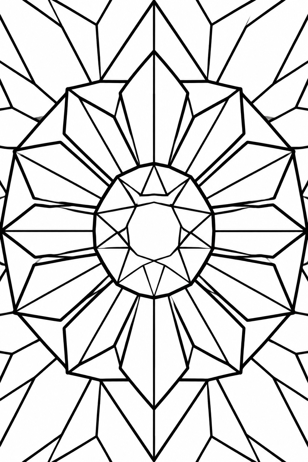 Symmetrical black and white mandala with geometric petals and central circle