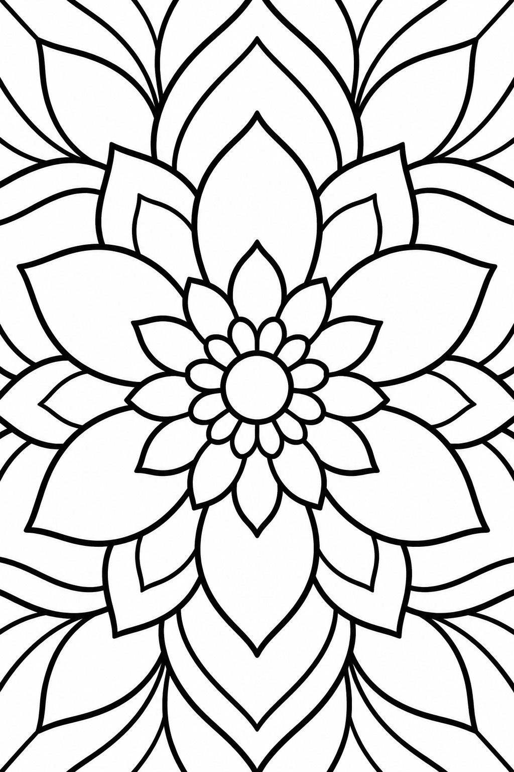 Black and white mandala-style flower with layered petals and central bloom