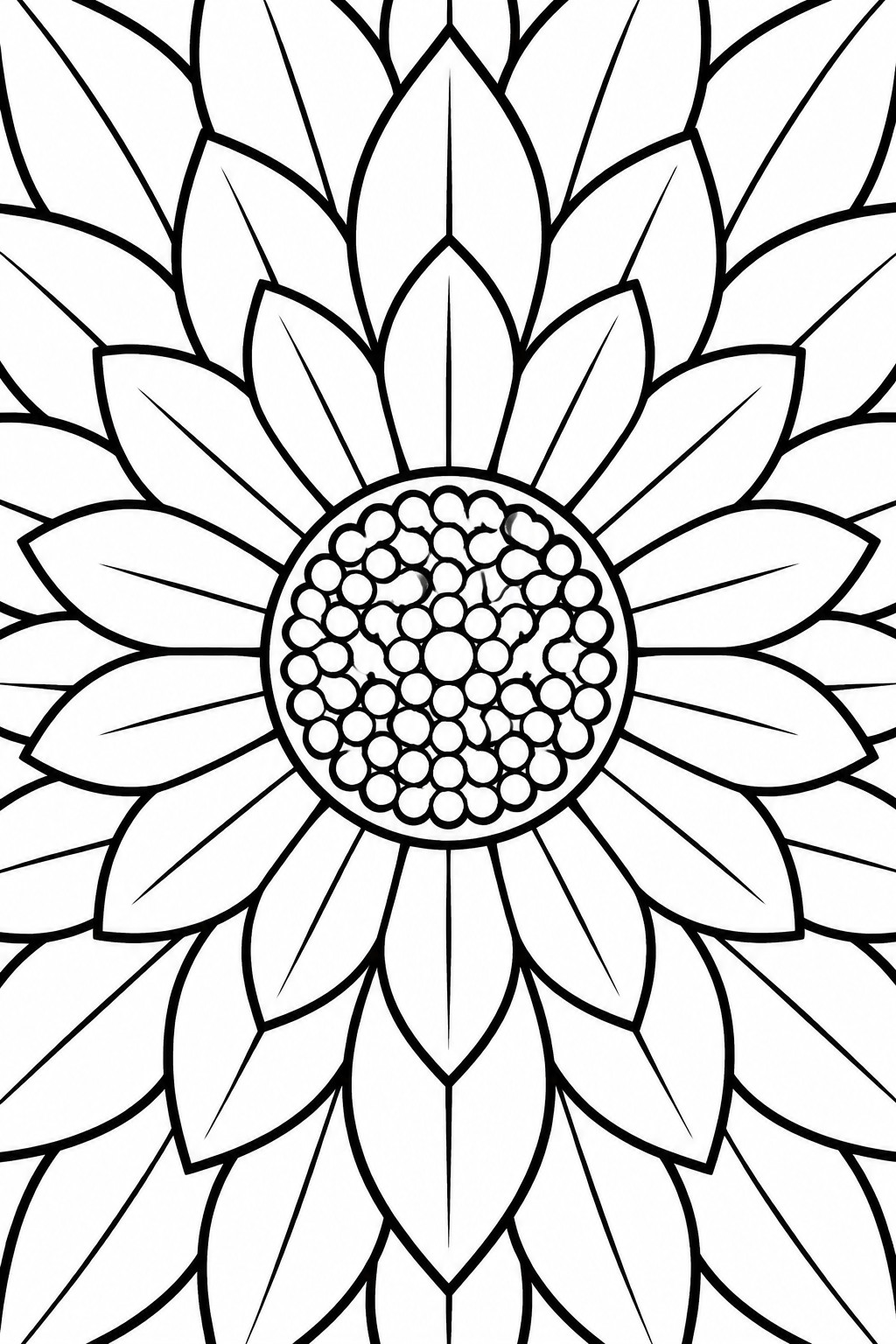 Black and white line drawing of a sunflower with layered petals and dotted center.