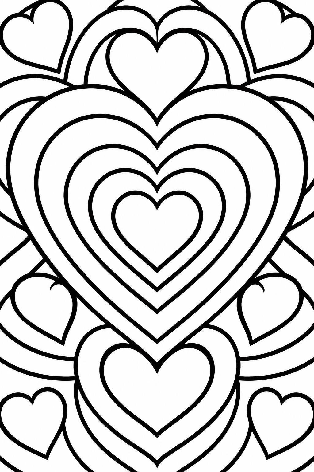 Black and white line art of overlapping hearts in various sizes