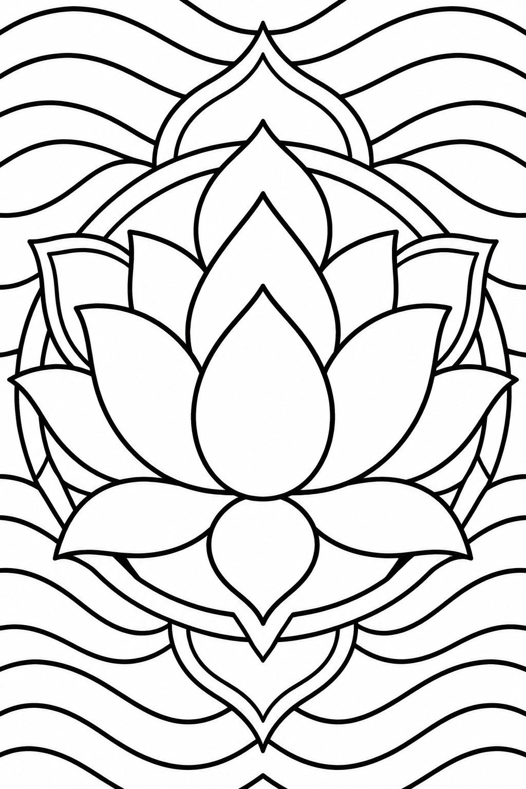 Black and white lotus flower line drawing with layered petals and wavy background lines