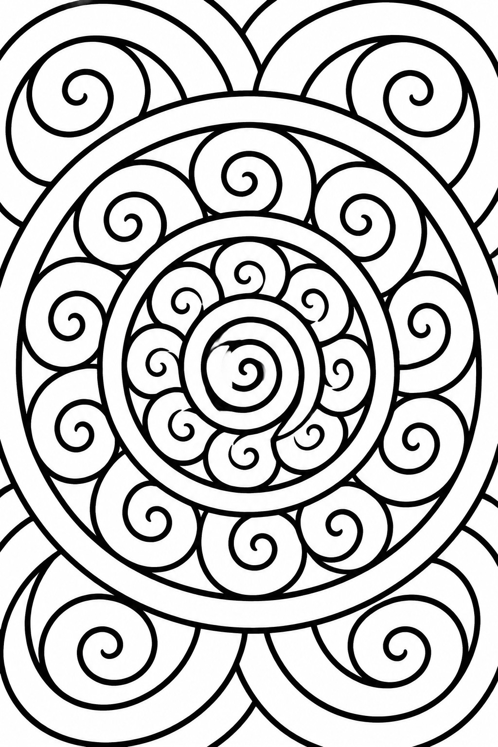 A black and white mandala coloring page with concentric rings of spiral patterns and bold outlines.