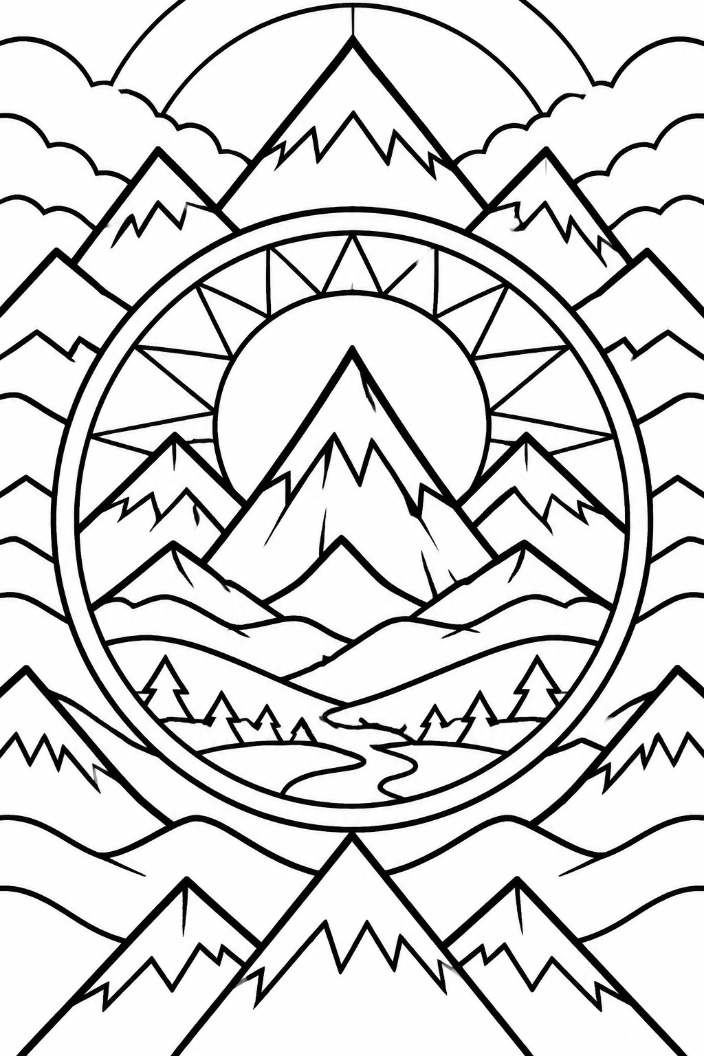 Circular black-and-white mountain landscape with sun, clouds, river and pine trees