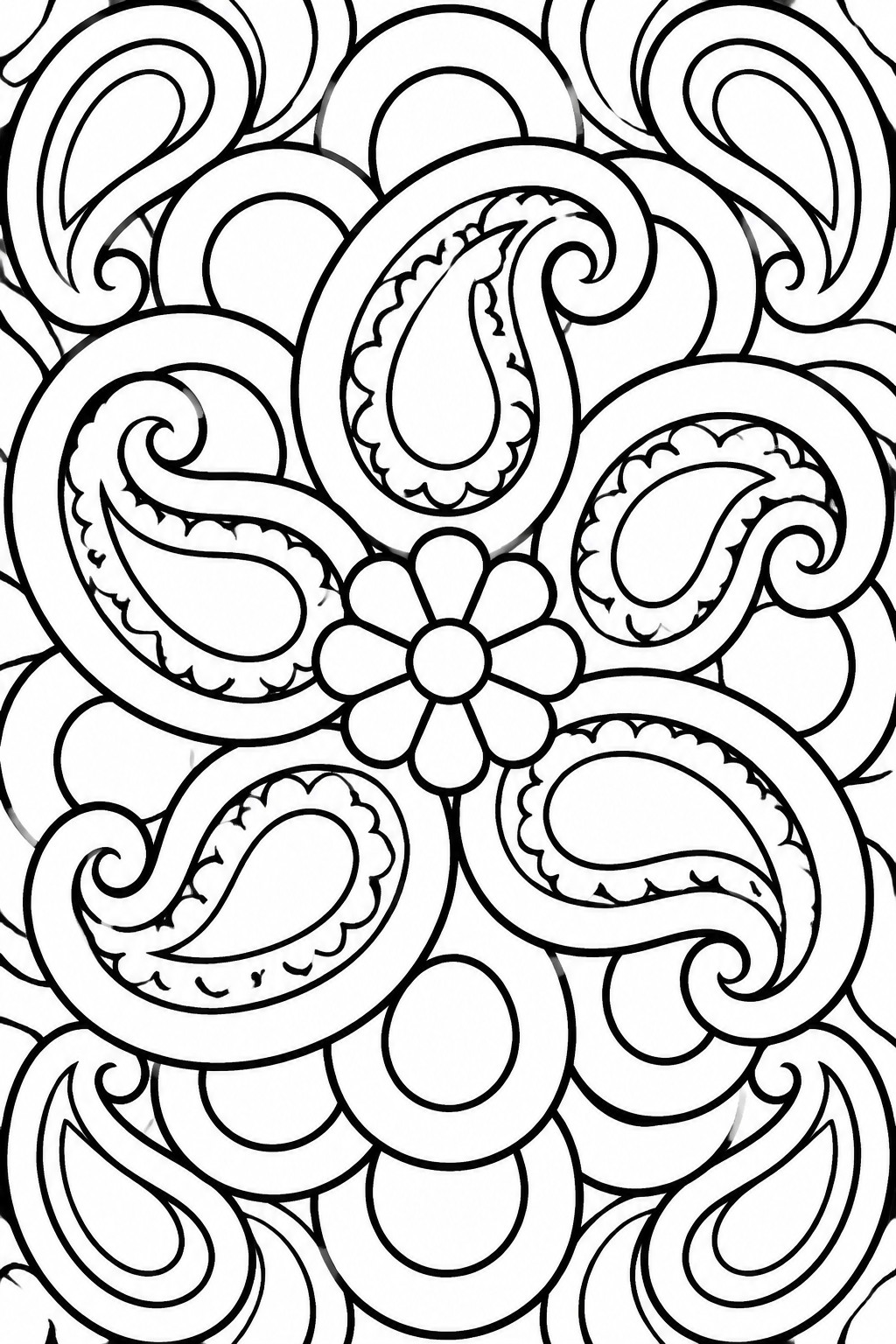 Intricate black and white paisley mandala with central flower and swirls