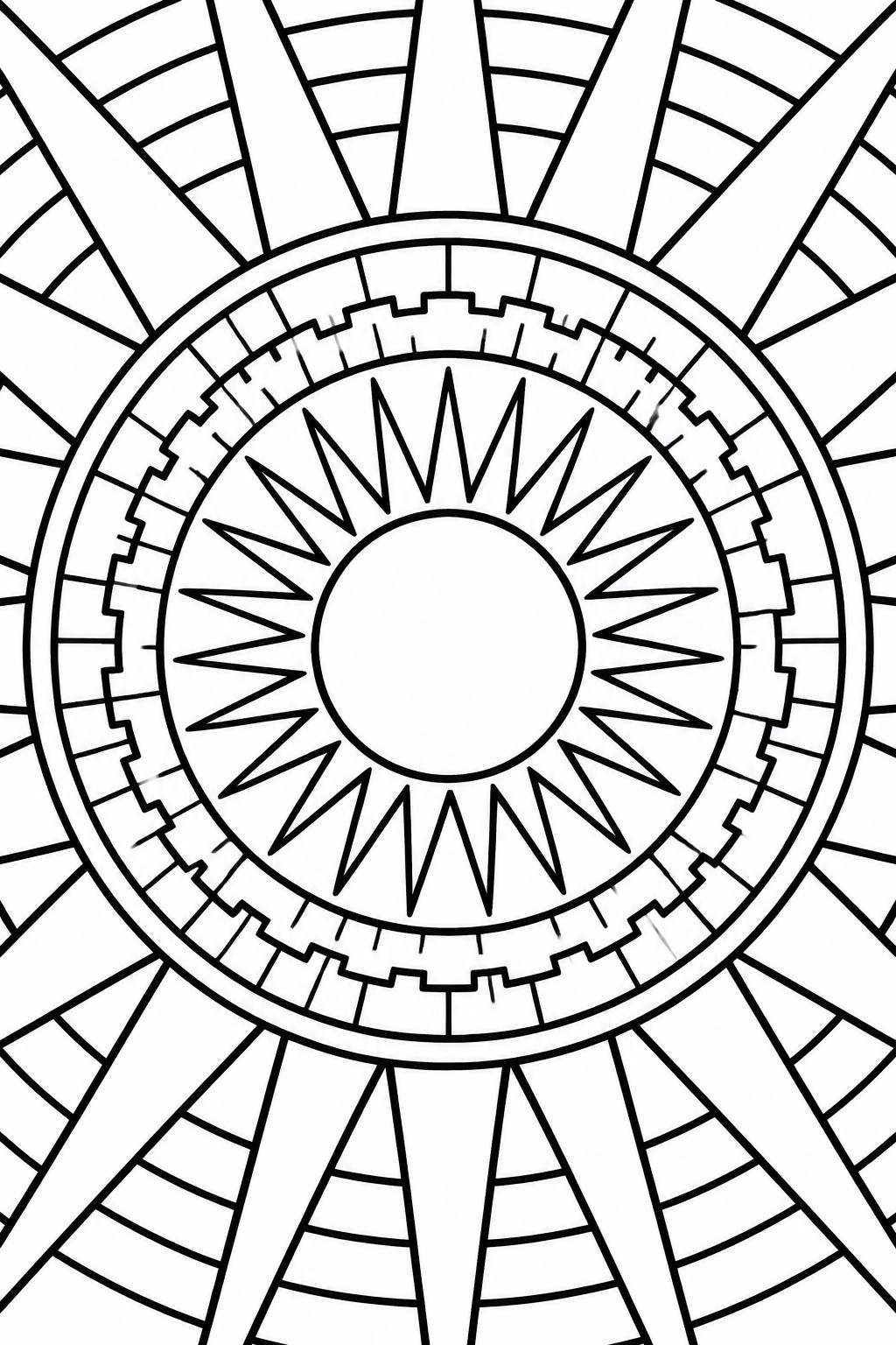Black and white mandala with central sun and radiating geometric patterns.