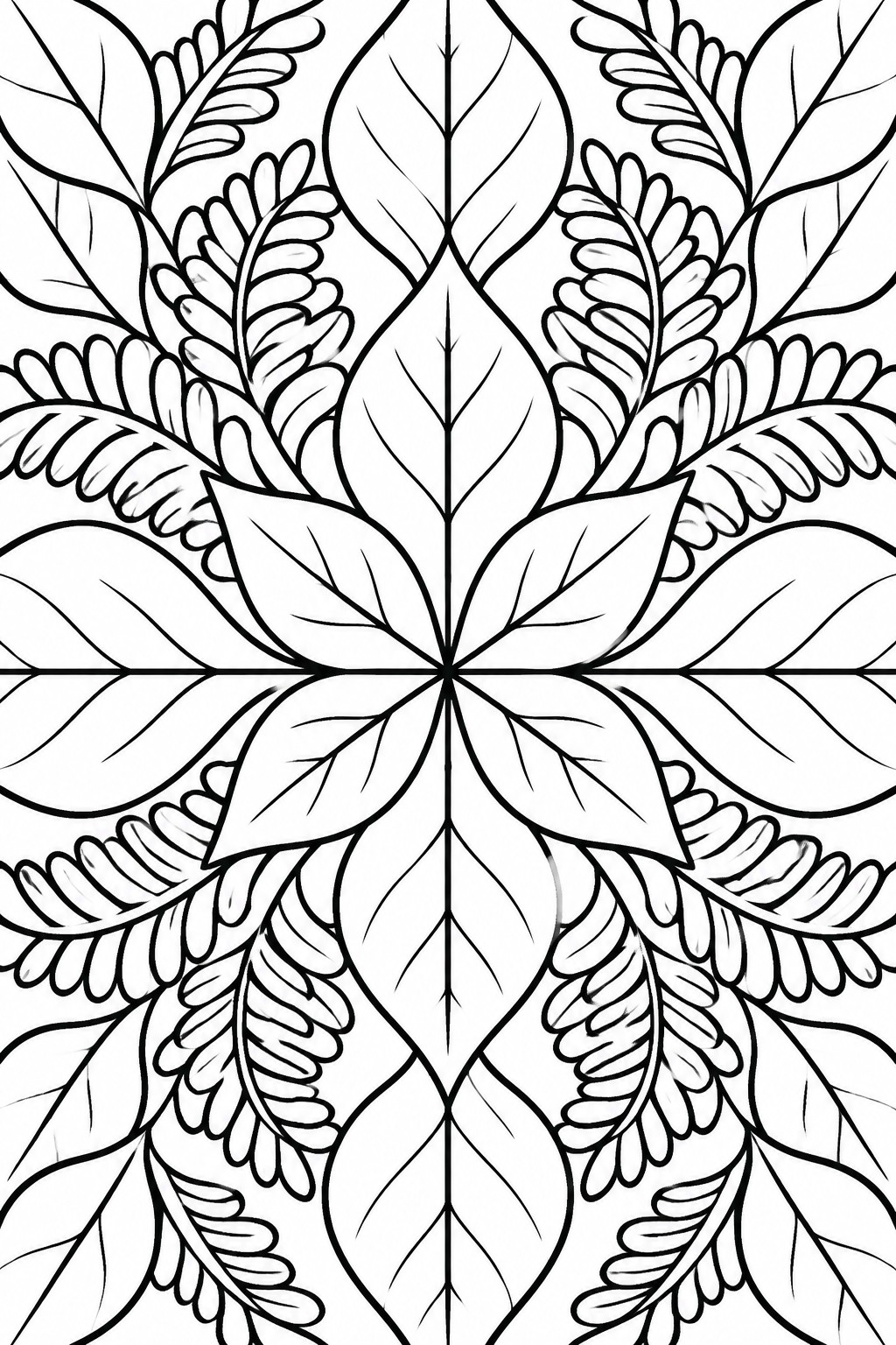 A black and white mandala coloring page showing a central flower of large leaves ringed by repeating fern fronds.