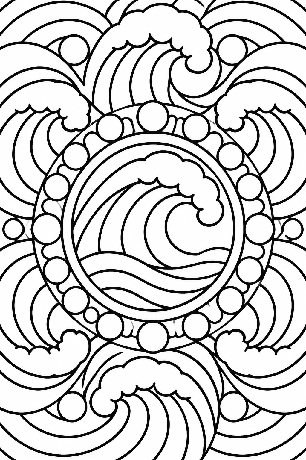 Black-and-white mandala with swirling waves, clouds, and dotted circles