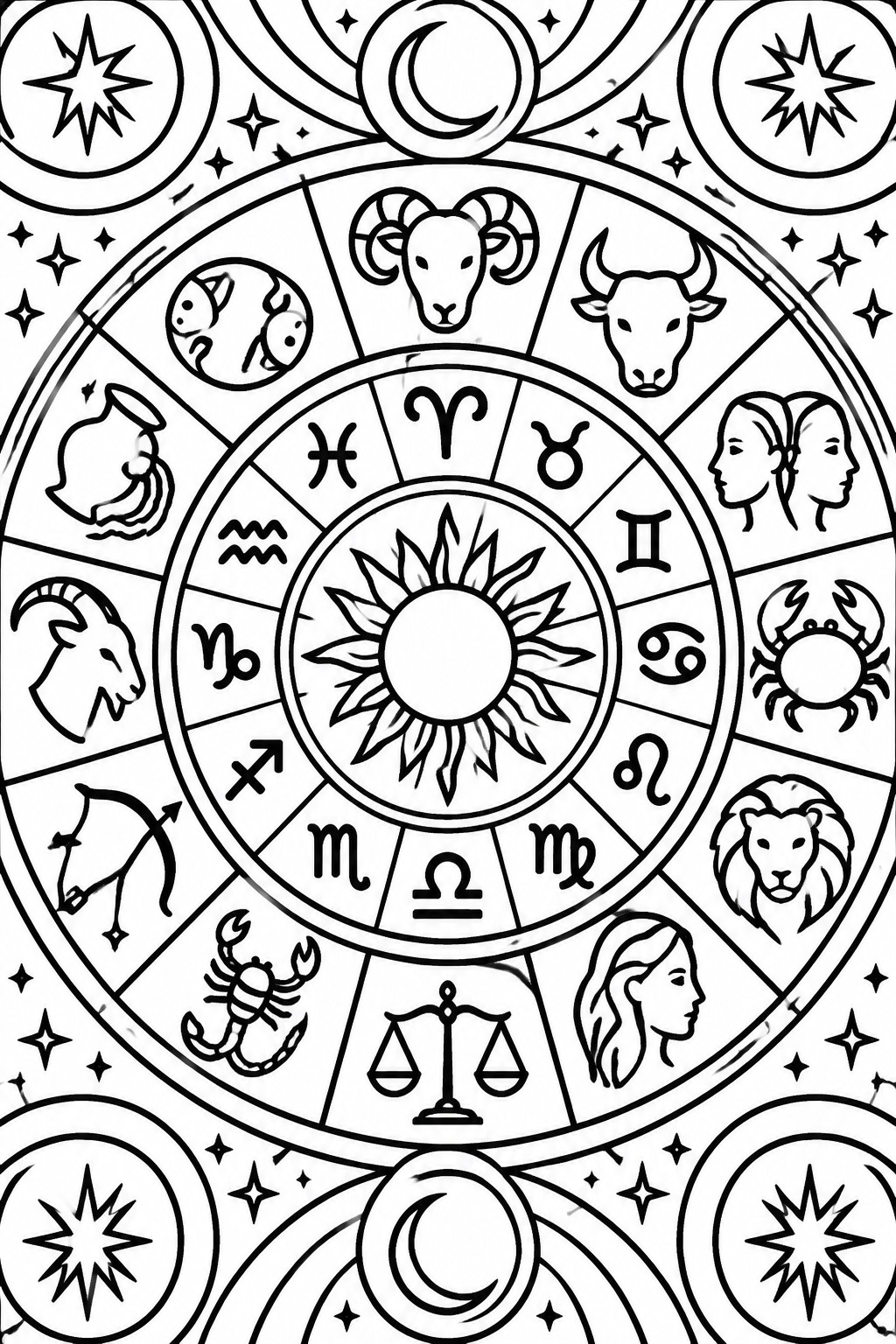 Black-and-white zodiac wheel with twelve signs, central sun, moons, and stars.