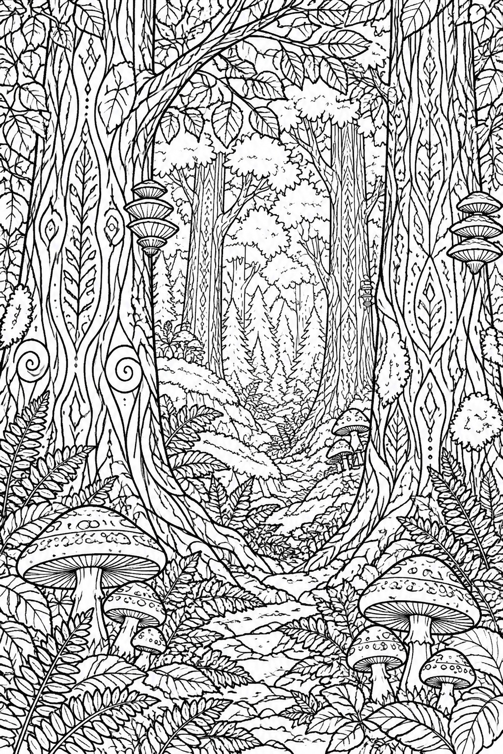 A black and white line drawing of a dense forest scene with patterned tree trunks, mushrooms in the foreground, ferns, and a path leading into the distance.