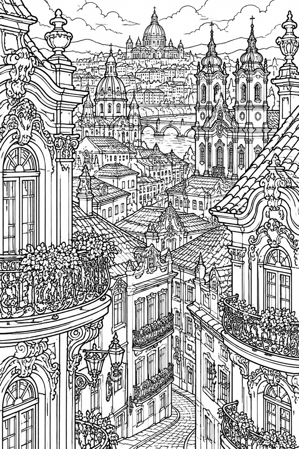 Ornate black and white line drawing of historic European city with domes, river, and balconies