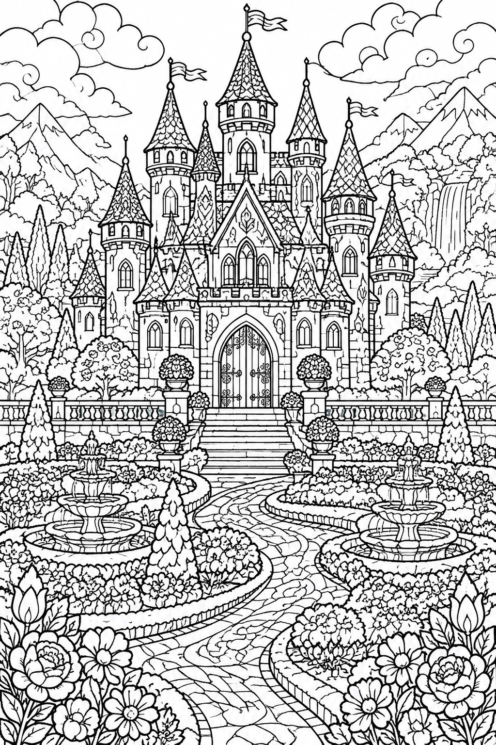 Black-and-white line art of ornate castle with fountains, gardens and mountains.