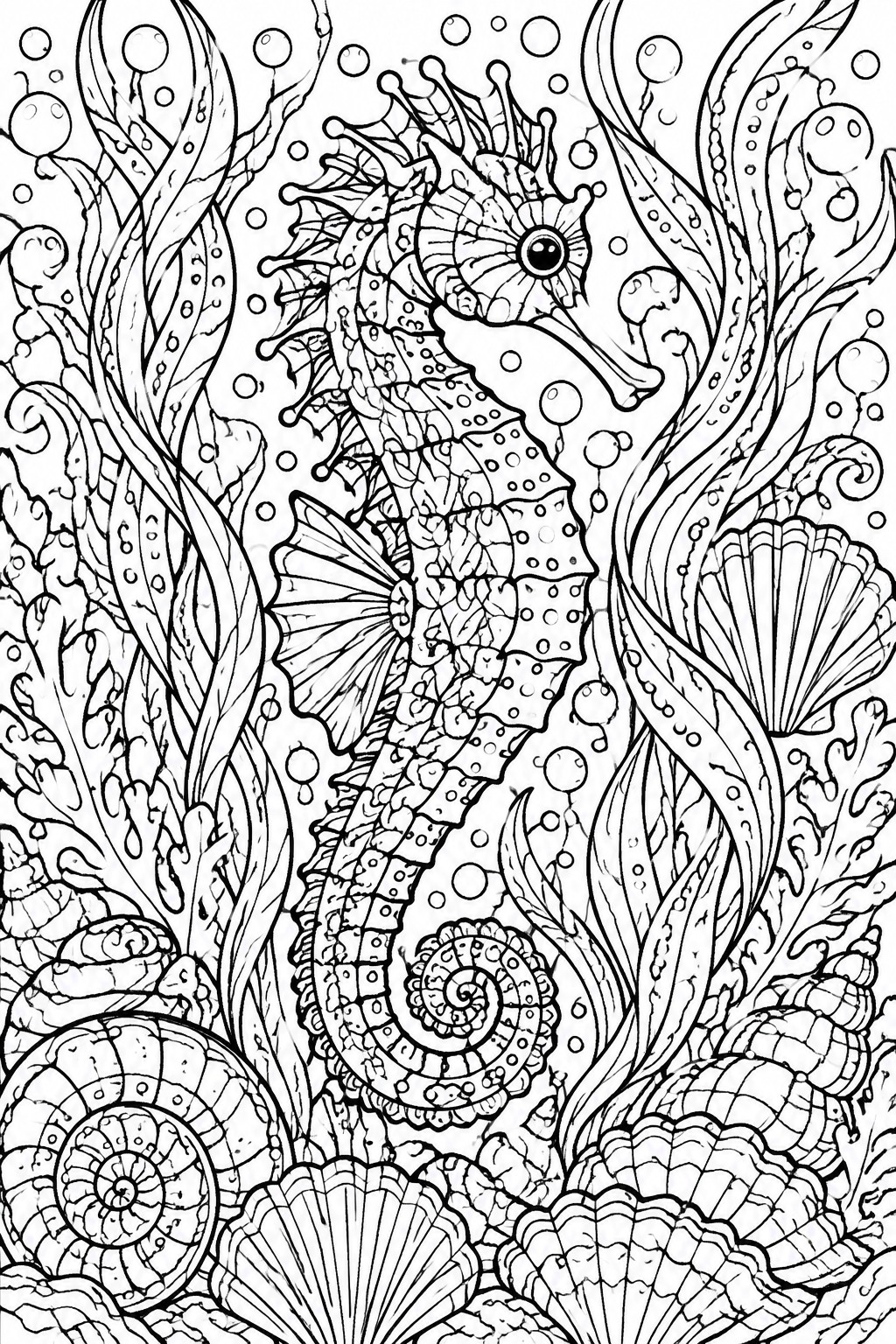 Intricate black and white seahorse coloring page with seaweed, bubbles, and seashells.