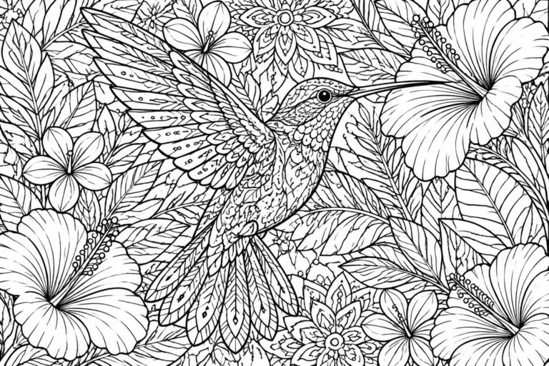 Intricate black-and-white line art of hummingbird amid tropical flowers and leaves