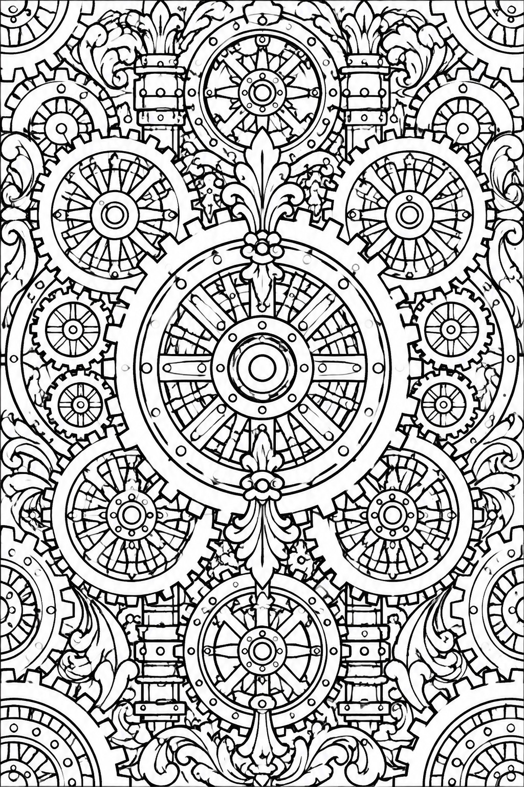 Intricate black-and-white mandala of interlocking gears with ornate floral flourishes