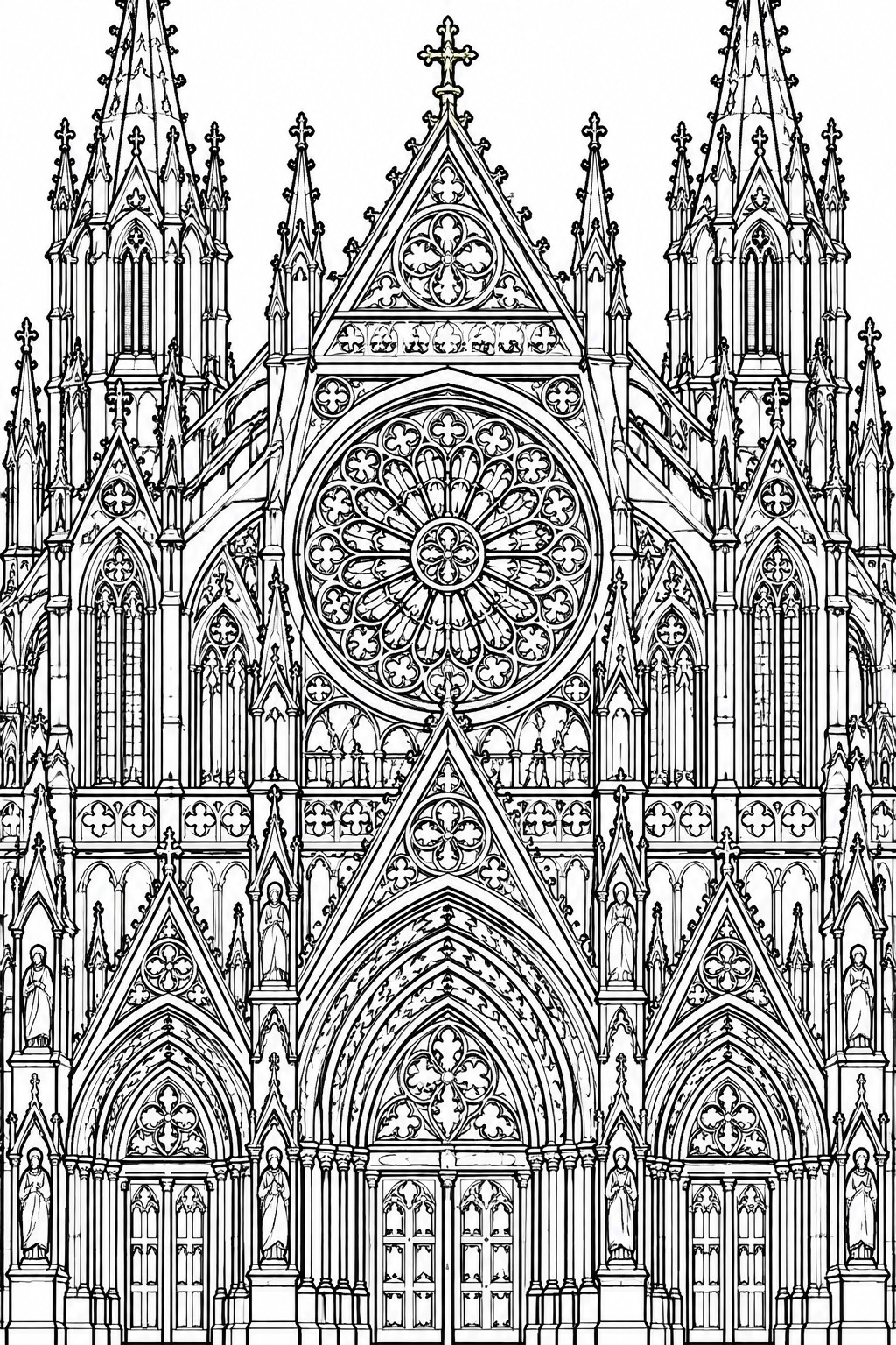 Intricate black-and-white line drawing of Gothic cathedral facade with rose window and spires.