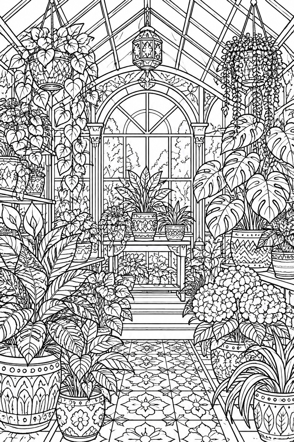 Black and white line drawing of lush greenhouse interior with potted plants and arched window